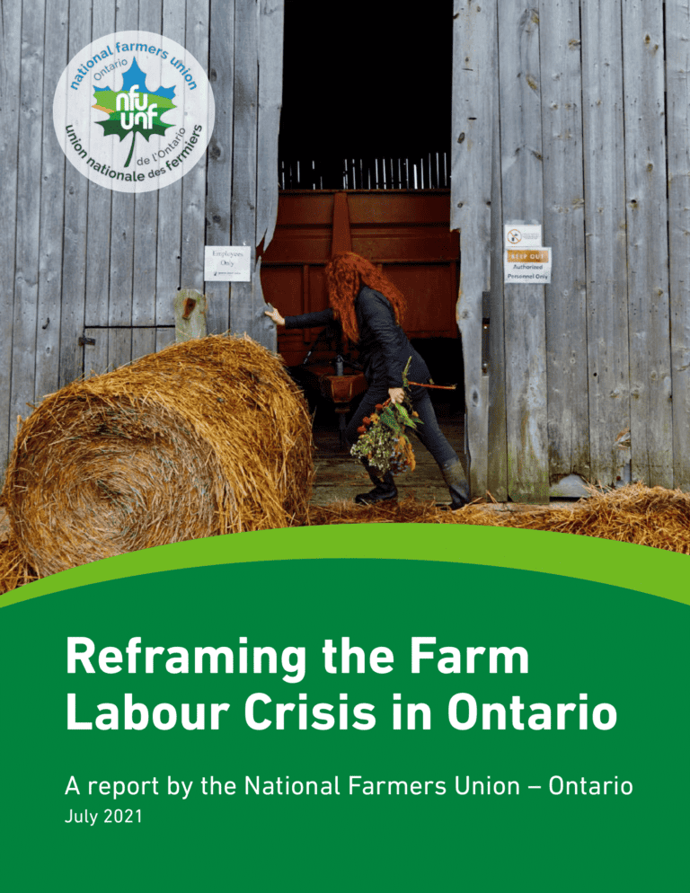 The cover page of the Farm Labour Report, featuring a woman pushing open a barn door.