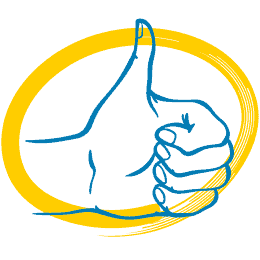 A blue hand with a thumbs up sign surrounded by a yellow highlighter circle.