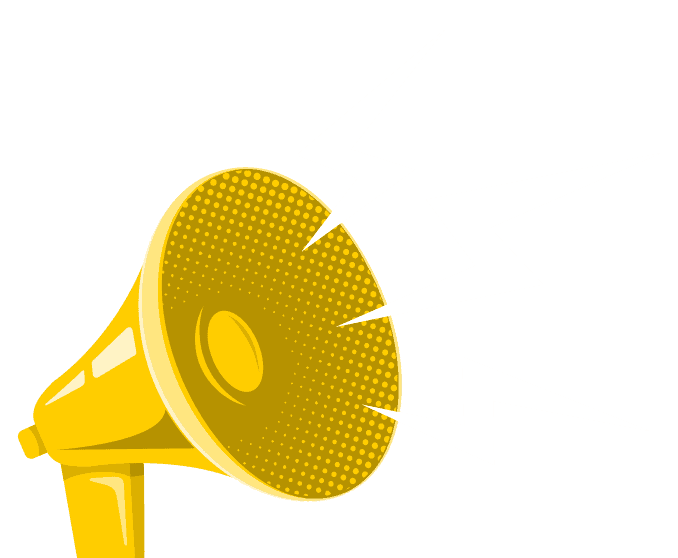 A yellow megaphone with graphic bolts of sound coming out of it.