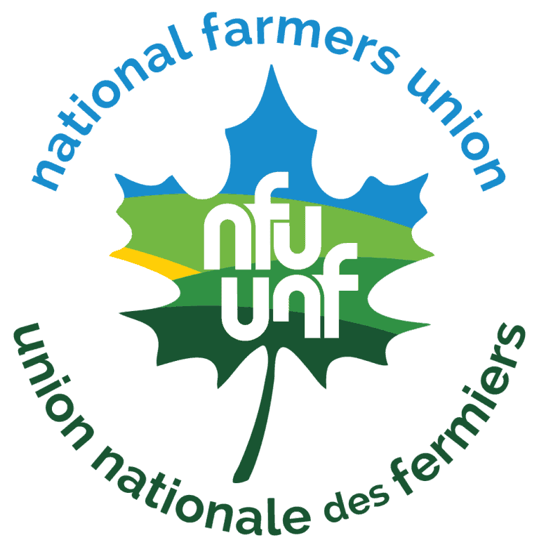 NFU-Logo-Circle-NATIONAL-1-13 Logo of the national farmers union of Canada displays a maple leaf with a mix of colours including green, yellow, and blue in curves layered on top of each other