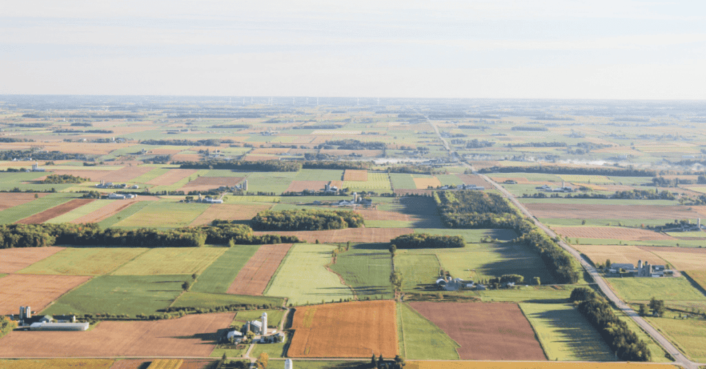 An aerial view of farmland and fields.