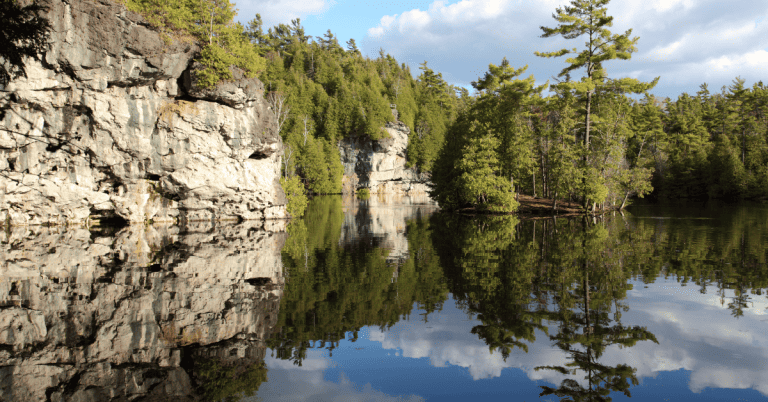 A rocky cliff with trees on a lake in Ontario.