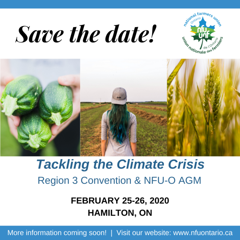 A flyer with the words tackling the climate crisis - region 3 and NFU-O convention.