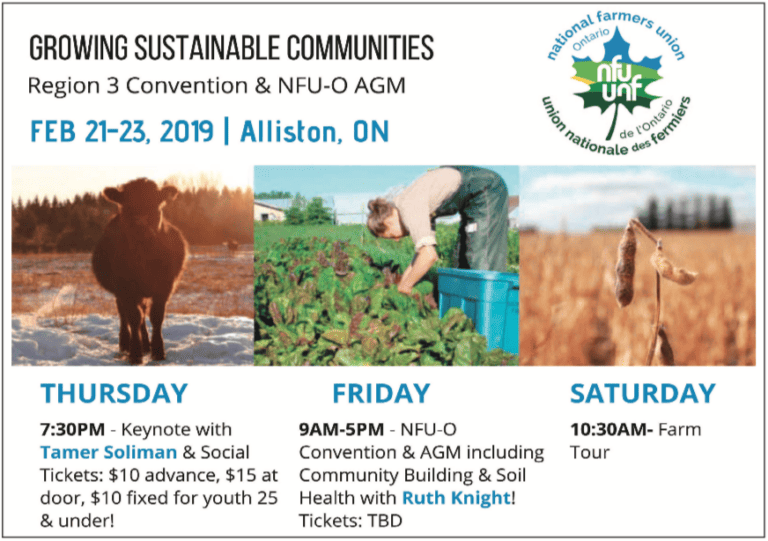 The flyer for the growing sustainable communities region 3 convention and NFU-O AGM.