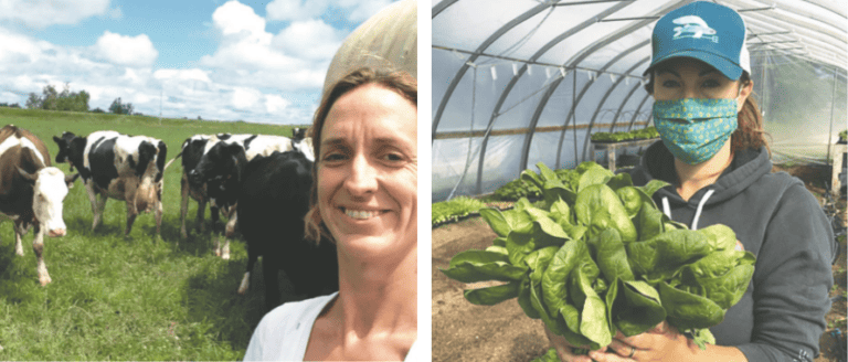 Two pictures of a woman standing in a greenhouse and one with cows in the background.