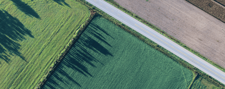 An aerial view of a field and a road.