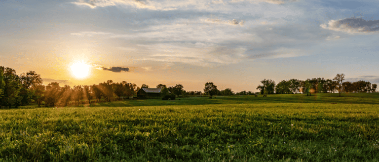 The sun is setting over a green field with a house in the background.