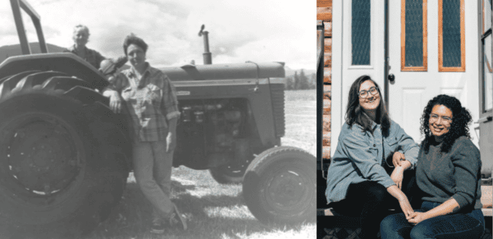 A black and white photo of 2 farmers and a tractor and a colour photo of two partners.