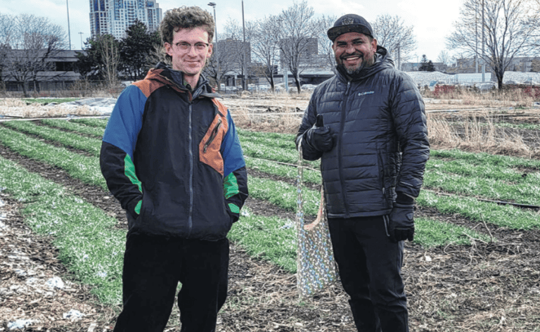 NFU-O President Max Hansgen and NFU-O BIPO Advisor Orlando Martín López Gómez at a FoodShare urban farm property in Toronto.