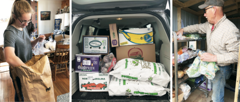 Three pictures of people loading groceries into a van.