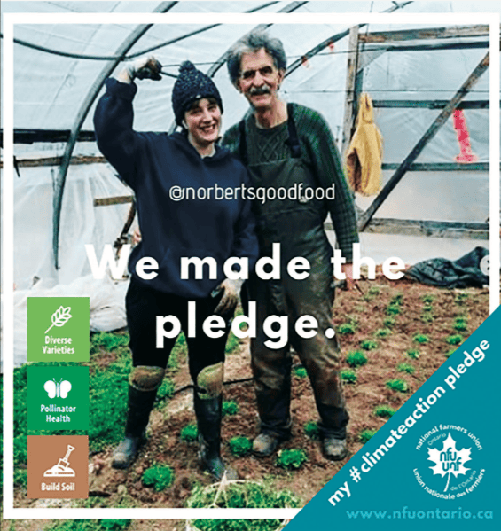 A man and woman standing in a greenhouse with the words we made the pledge.