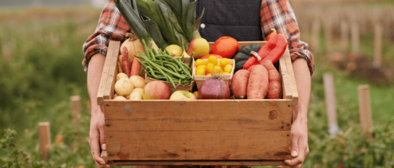 A person holding a wooden box full of vegetables.