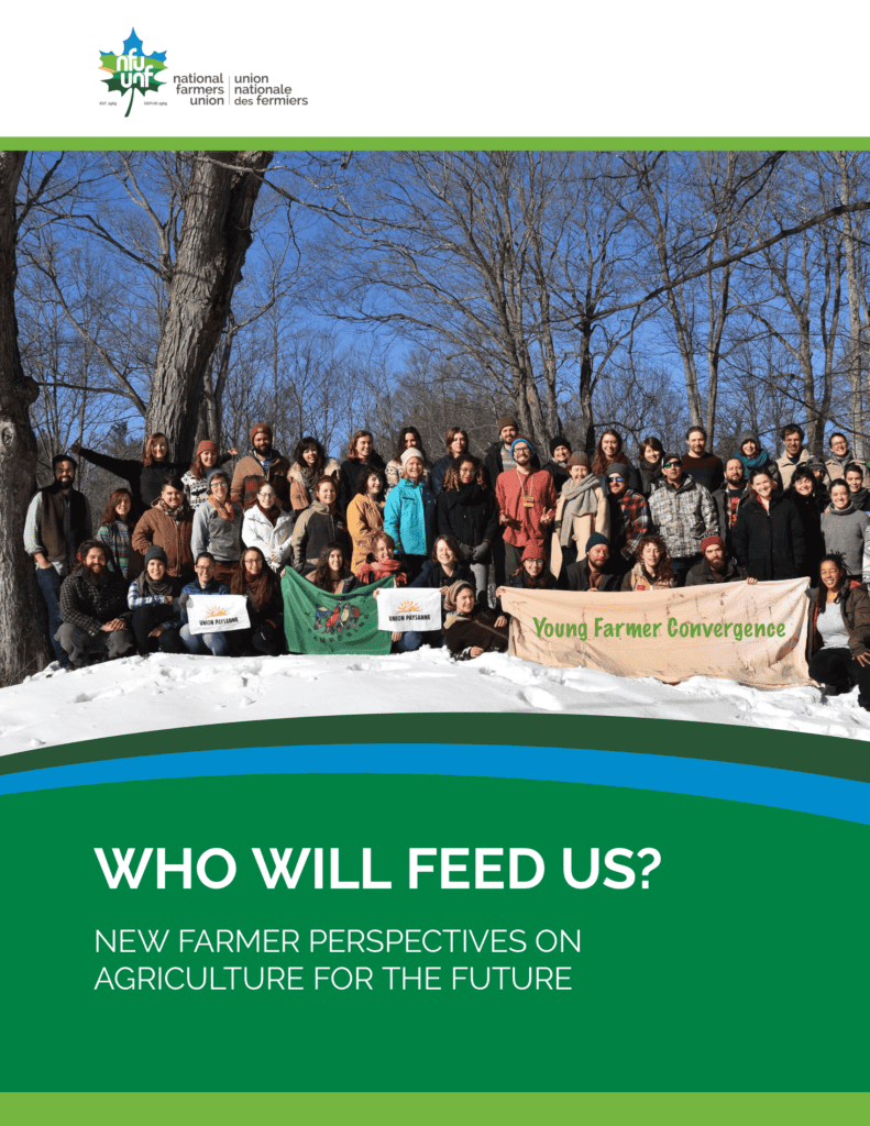 The cover page of the Who Will Feed Us report featuring a group shot of the NFU Youth members.