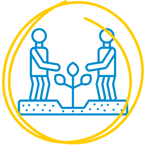 Two blue stick figures standing over a seedling surrounded by a yellow highlighter circle.