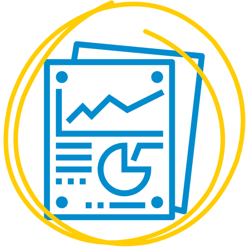 A blue report with charts surrounded by a yellow highlighter circle.