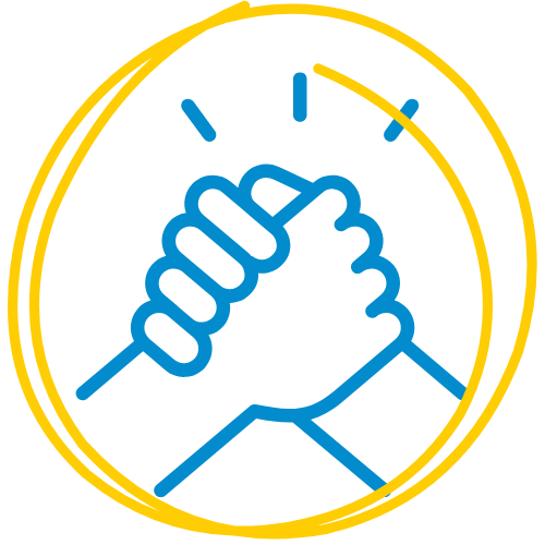 Support Two hands clasped in solidarity surrounded by a yellow highlighter circle.