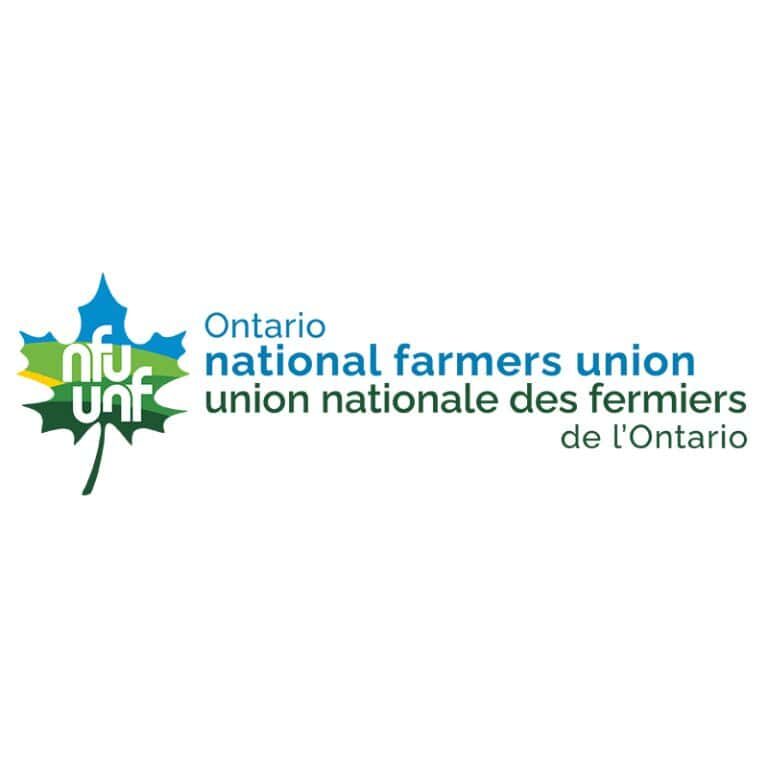 Logo of the national farmers union of Ontario displays a maple leaf with a mix of colours including green, yellow, and blue in curves layered on top of each other.