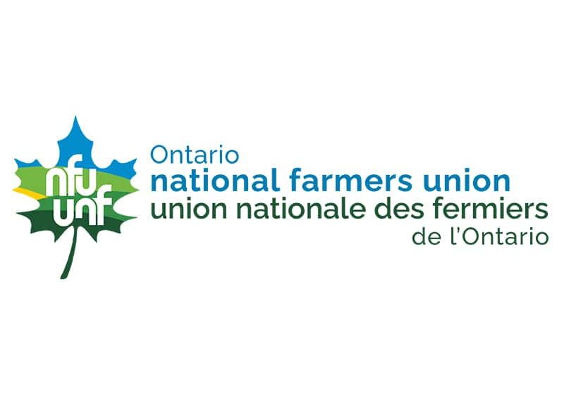 Logo of the national farmers union of Ontario displays a maple leaf with a mix of colours including green, yellow, and blue in curves layered on top of each other.