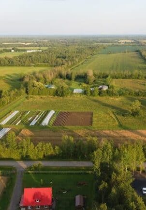 An aerial view of a farm and farmland in Ontario.