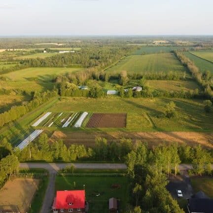 An aerial view of a farm and farmland in Ontario.