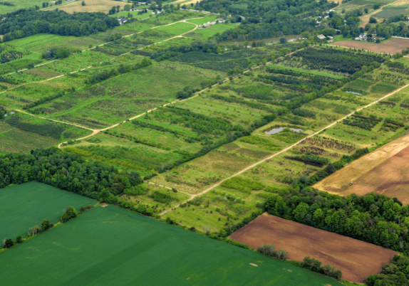 An aerial view of farms and fields in the summer.