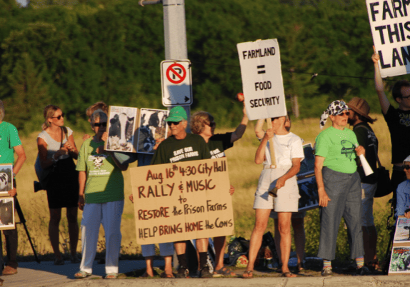 A group of people on the side of a road holding signs that say "farmland equals food security" and "farm this land".