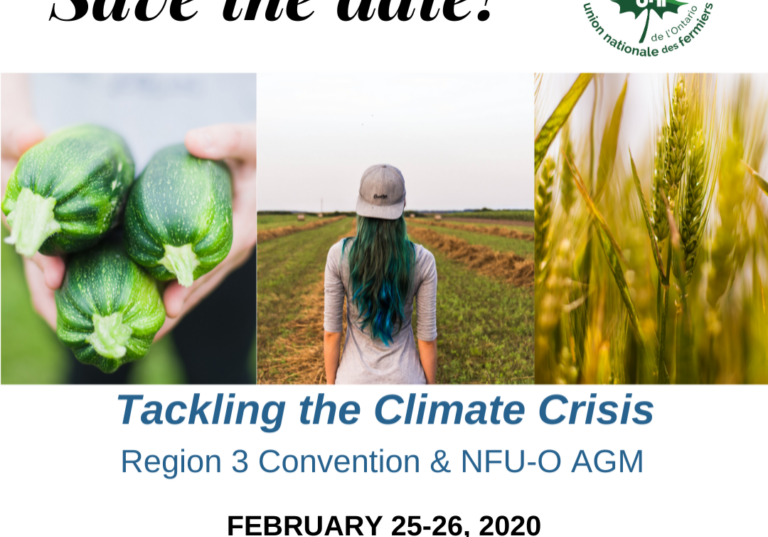 A flyer with the words tackling the climate crisis - region 3 and NFU-O convention.