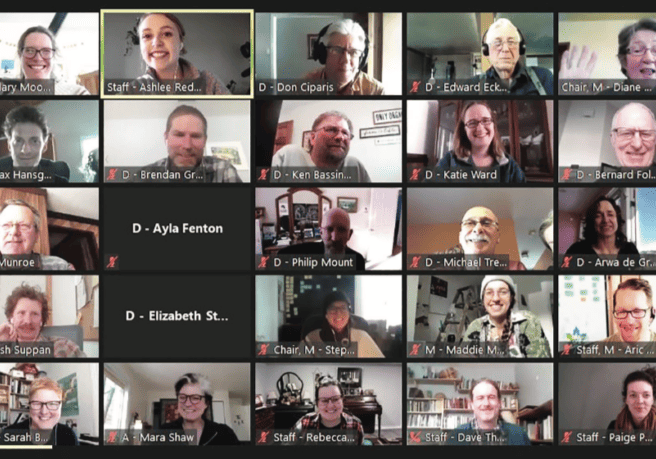 A group of people in a video call.