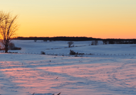 The sun is setting over a snow covered field.