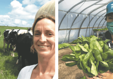 Two pictures of a woman standing in a greenhouse and one with cows in the background.