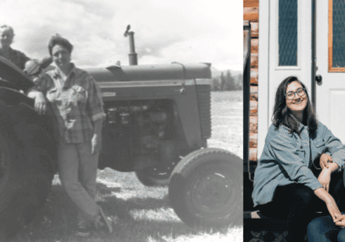 A black and white photo of 2 farmers and a tractor and a colour photo of two partners.