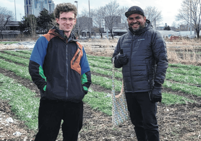 NFU-O President Max Hansgen and NFU-O BIPO Advisor Orlando Martín López Gómez at a FoodShare urban farm property in Toronto.
