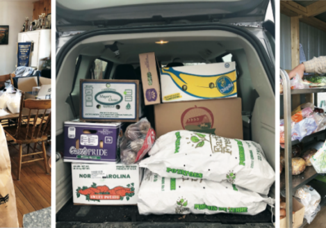 Three pictures of people loading groceries into a van.