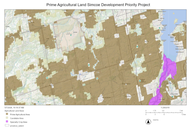Prime Agricultural Land Simcoe Development Priority Project. Majority of the map is prime agricultural land.