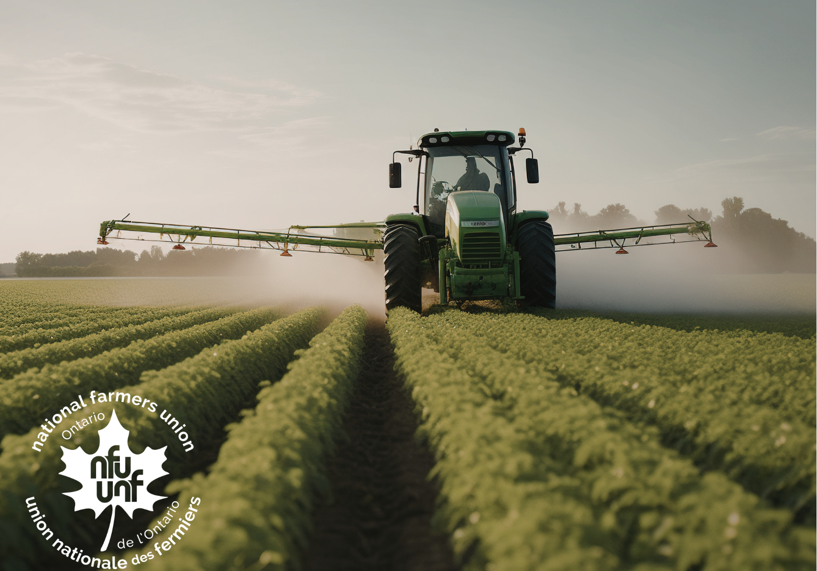 Tractor spraying fertilizer with NFU-O logo.